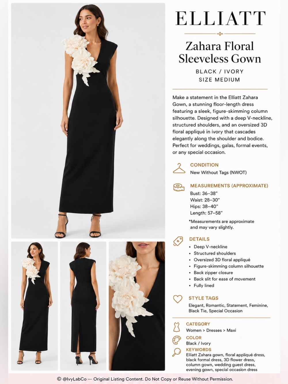 ELLIATT Zahara Floral Sleeveless Gown Black Ivory 3D Appliqué Size Medium